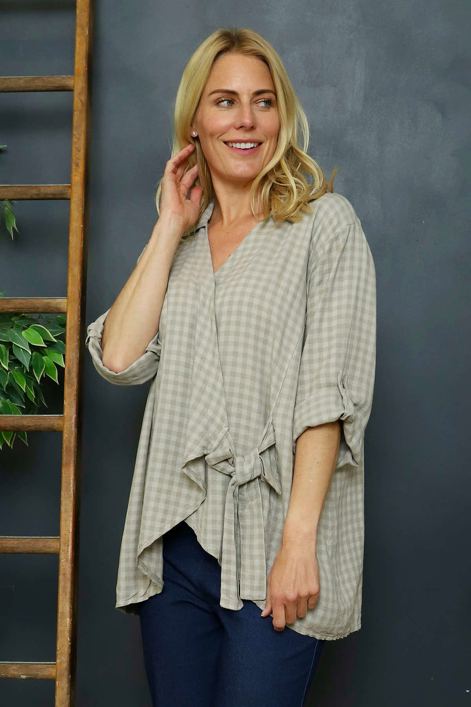 Shyla Check Wrap Top Mocha