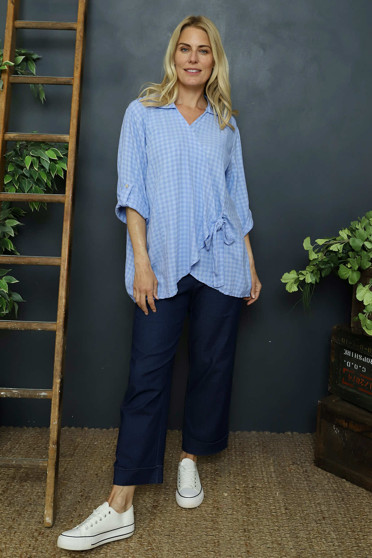 Shyla Check Wrap Top Powder Blue
