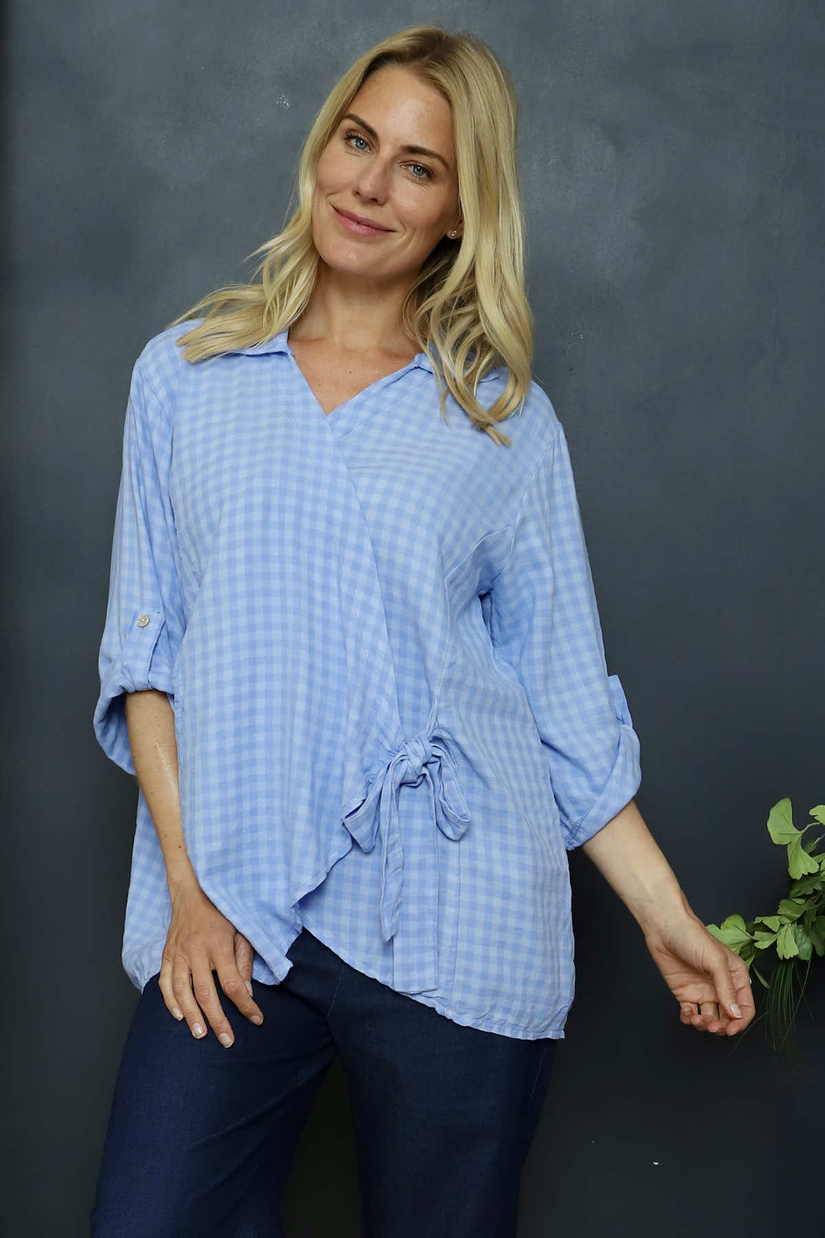 Shyla Check Wrap Top Powder Blue