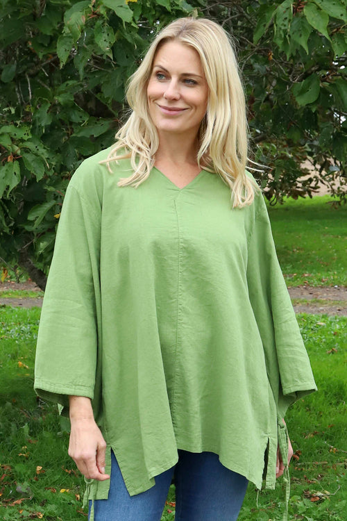 Nulvi V-Neck Linen Top Olive - Image 1