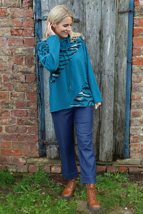 Lydia Cowl Print Cotton Top Teal - Image 2