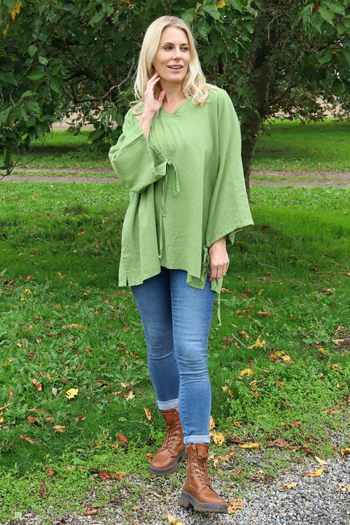 Nulvi V-Neck Linen Top Olive - Image 2