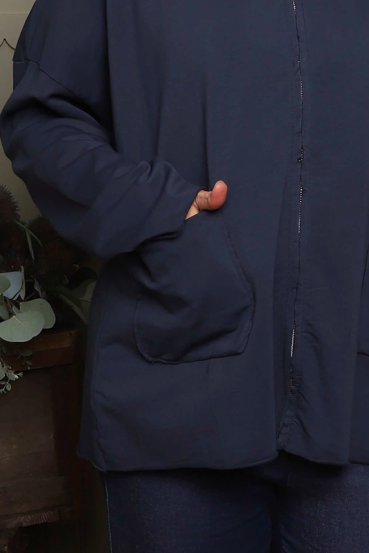 Dariana Zip Hooded Cotton Top Navy