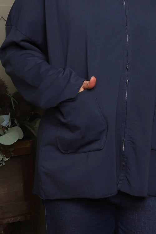 Dariana Zip Hooded Cotton Top Navy - Image 3