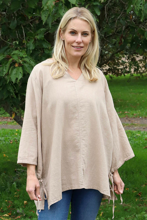 Nulvi V-Neck Linen Top Camel - Image 1