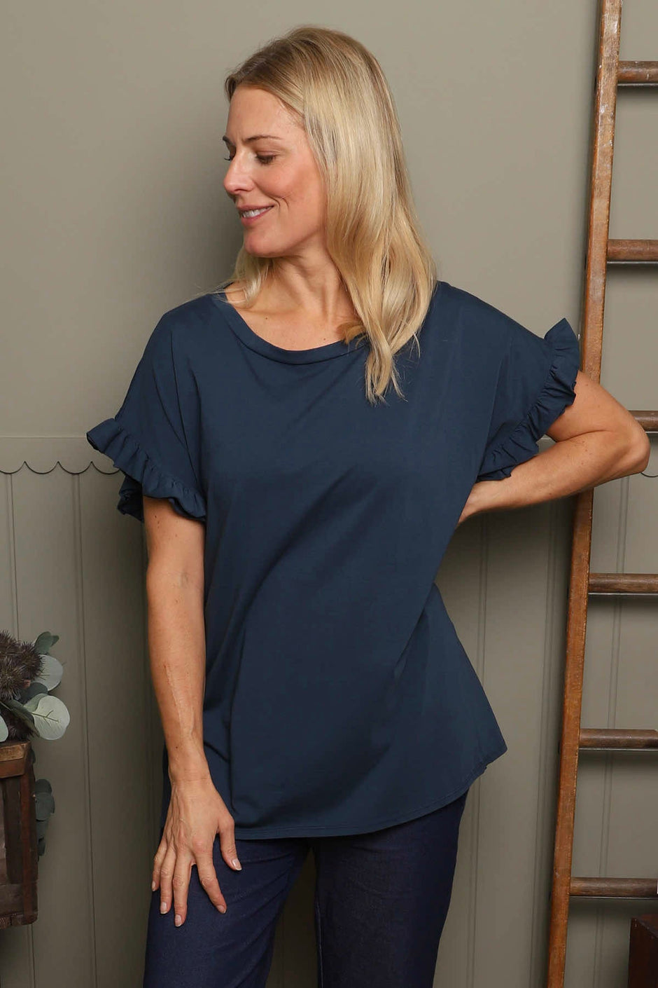 Summerleaze Frill Sleeve Cotton Top Navy