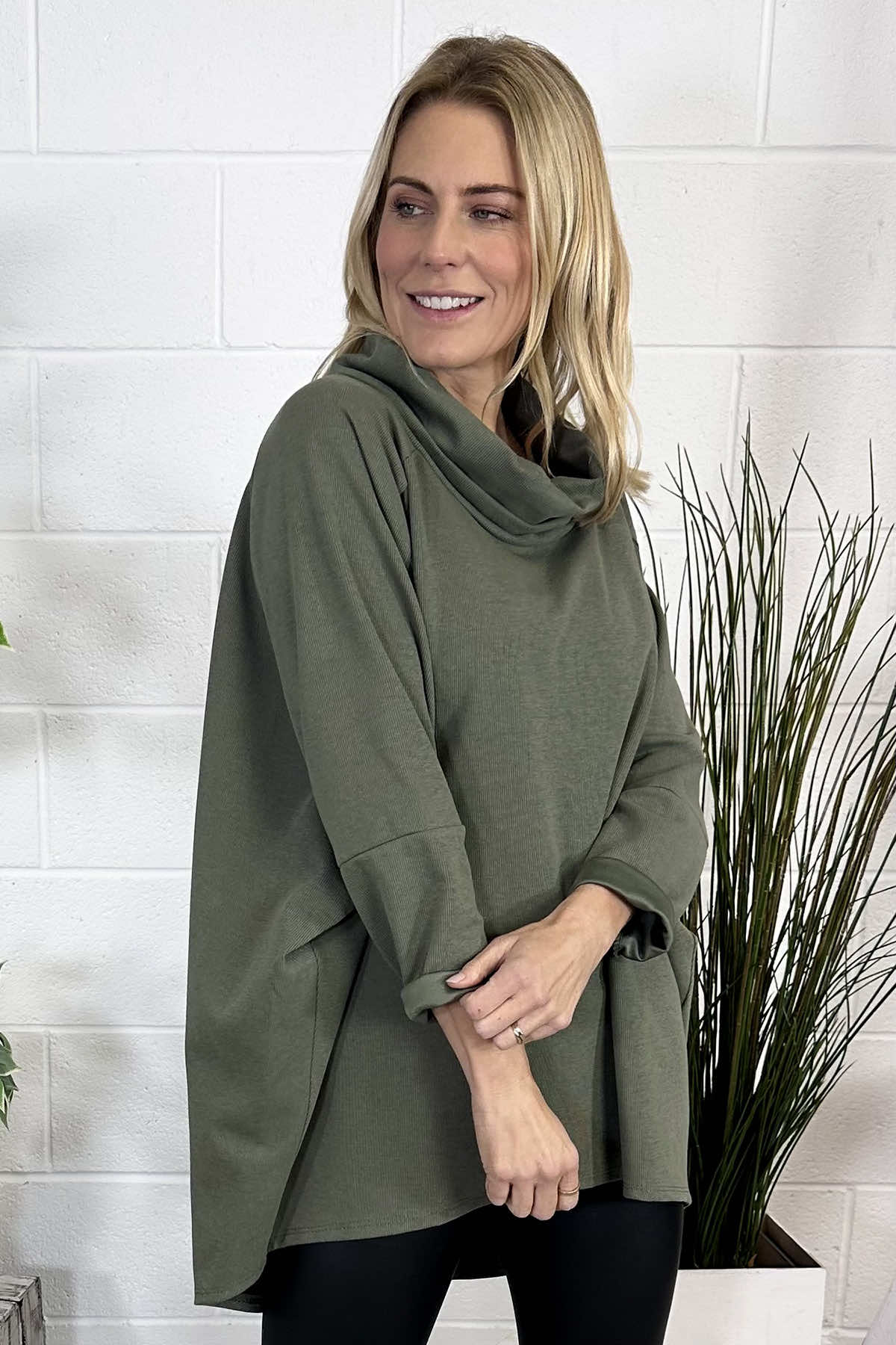 Emmeline Cowl Neck Cotton Top Khaki