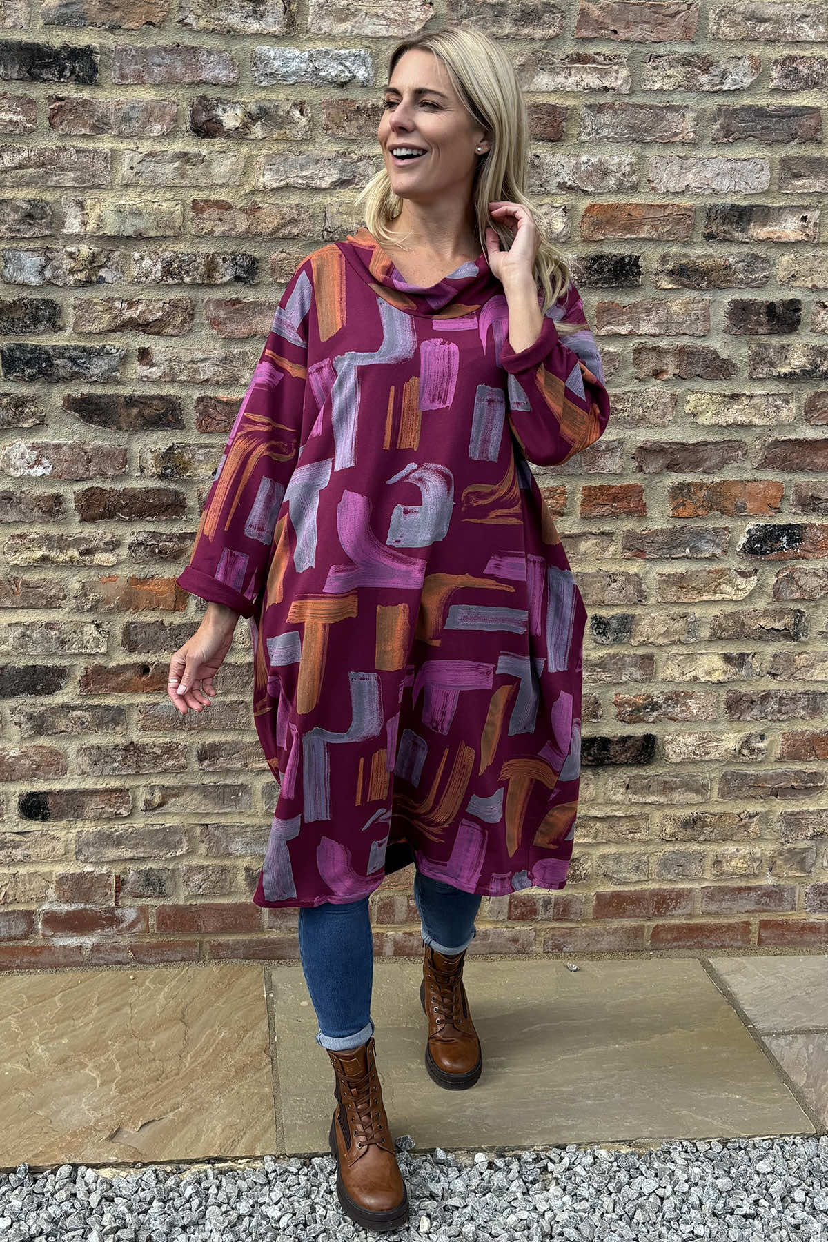 Caitlin Print Cowl Neck Cotton Dress Wine