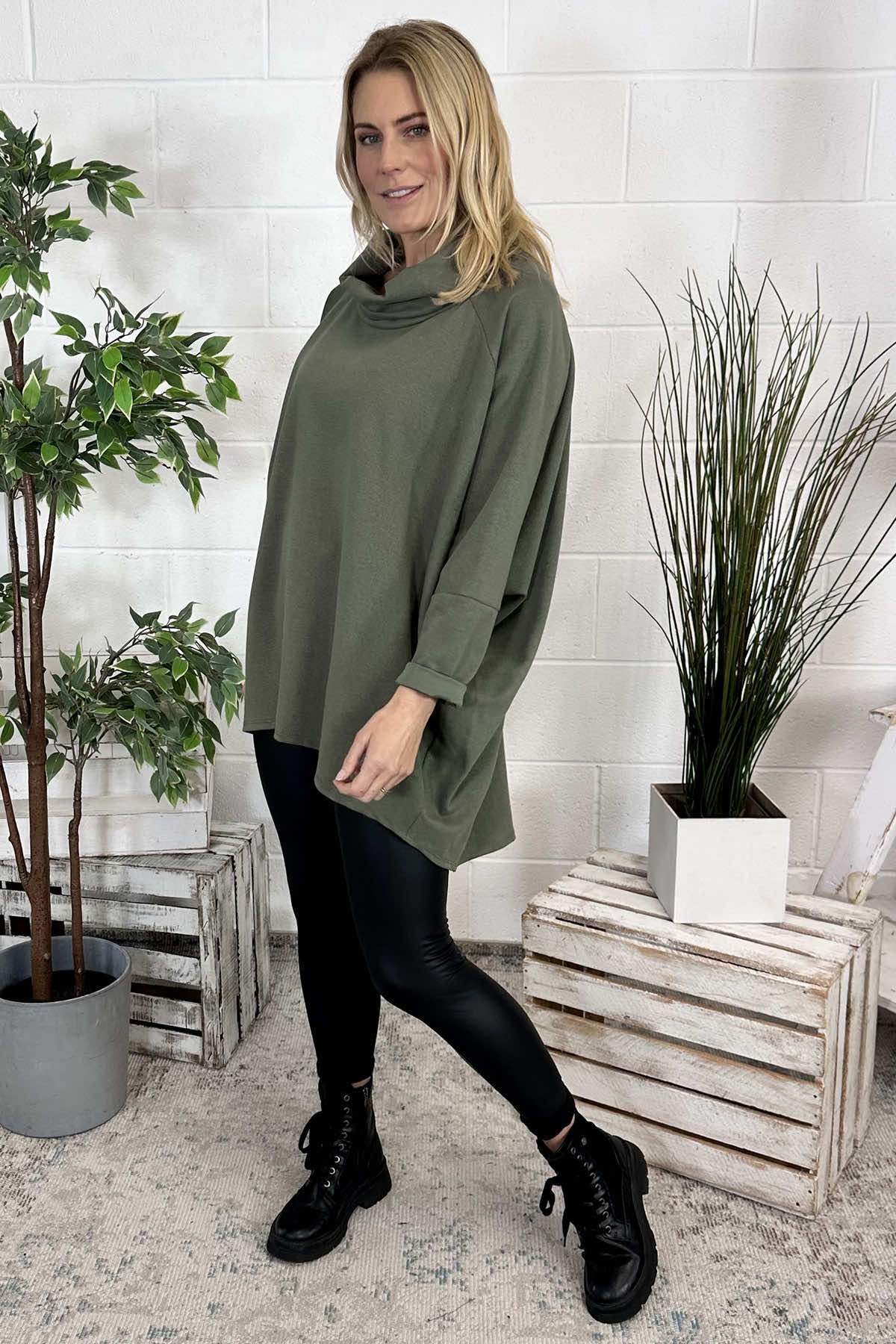 Emmeline Cowl Neck Cotton Top Khaki