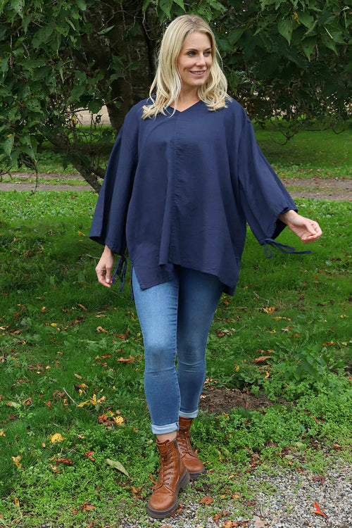Nulvi V-Neck Linen Top Navy
