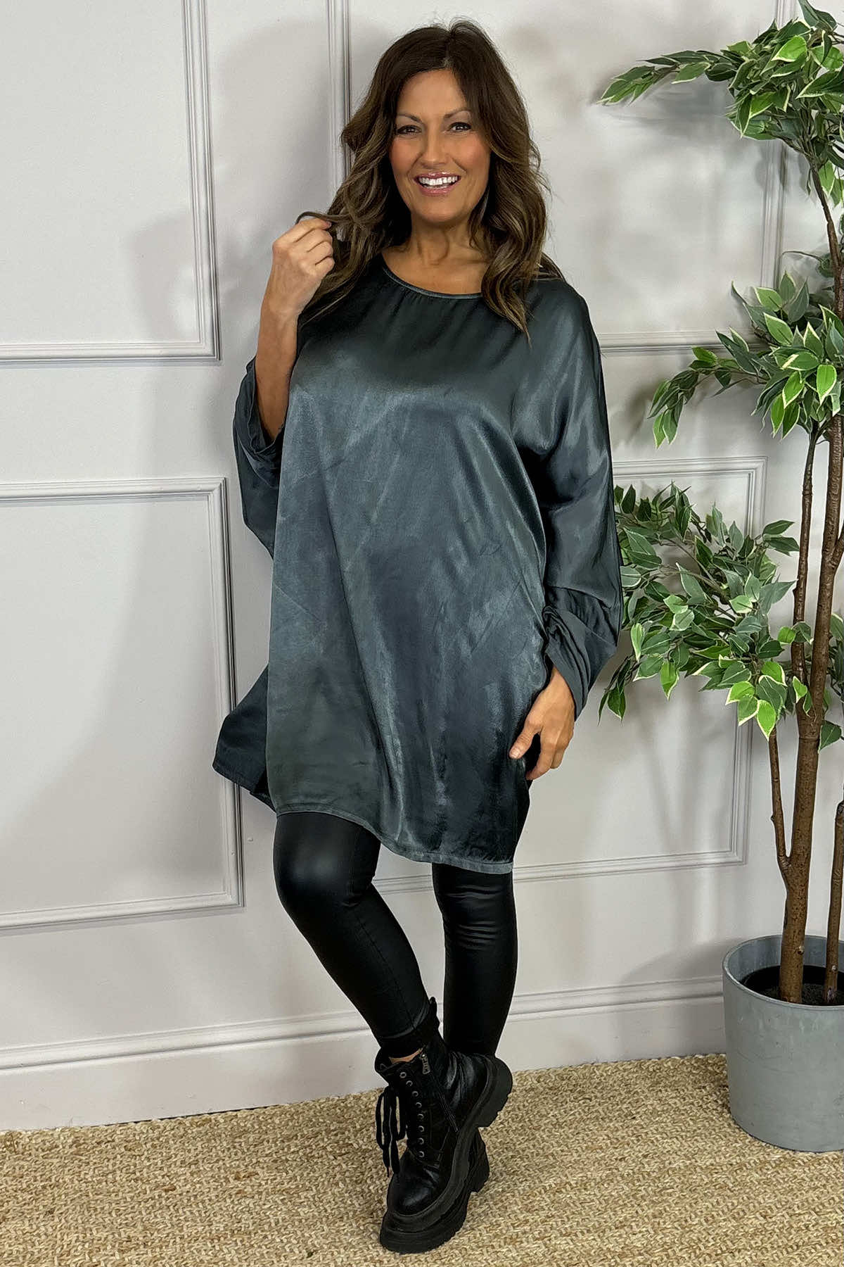 Monica Slouch Satin Top Charcoal