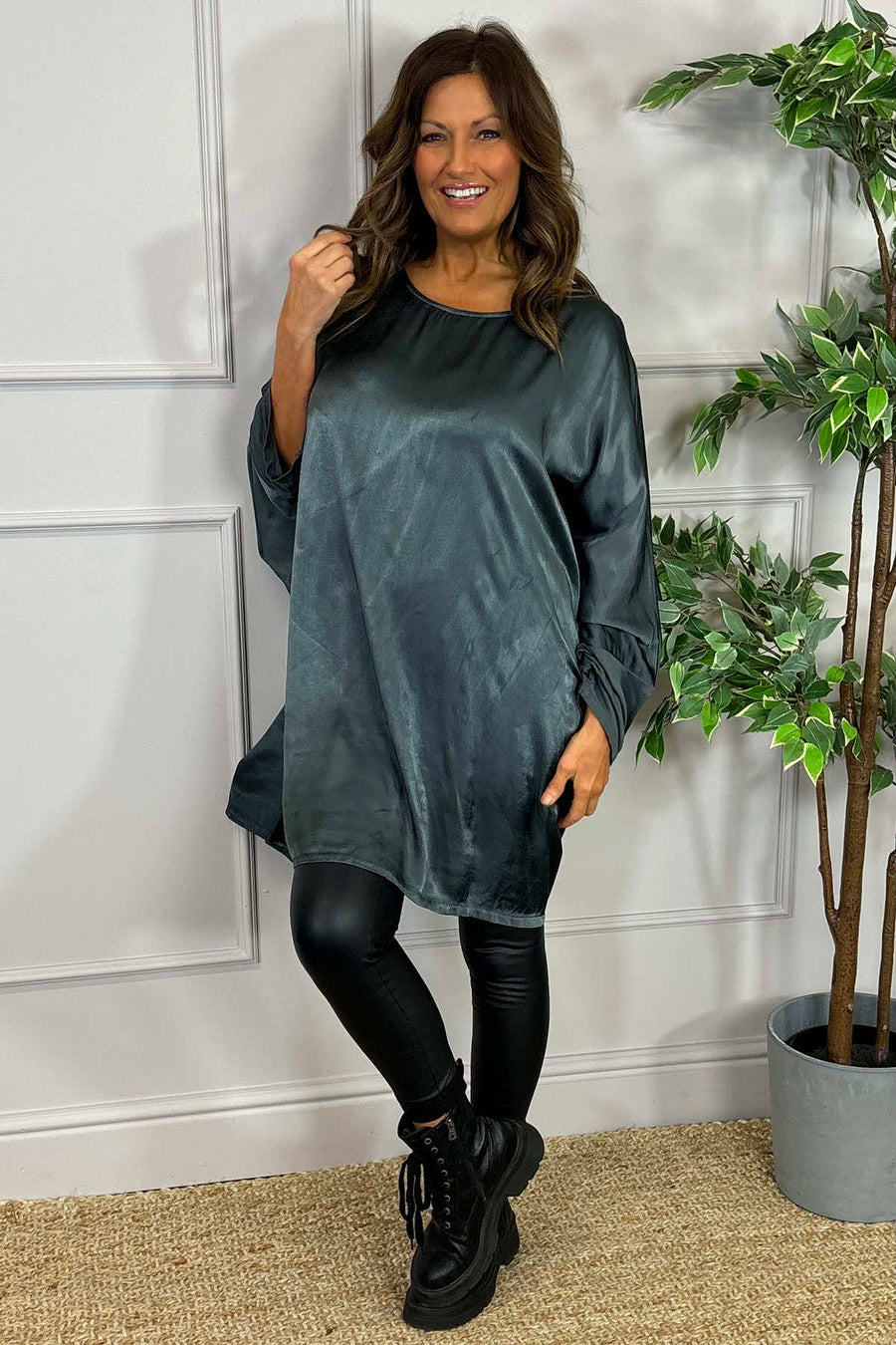 Monica Slouch Satin Top Charcoal