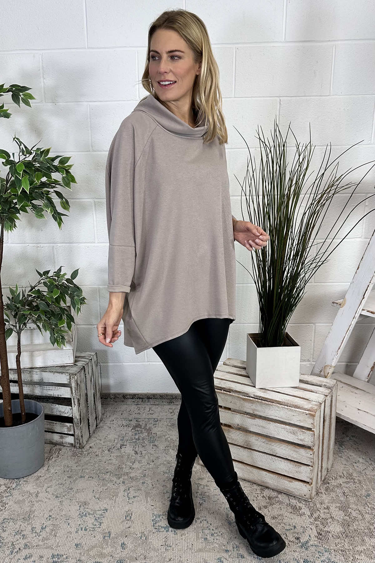 Emmeline Cowl Neck Cotton Top Stone