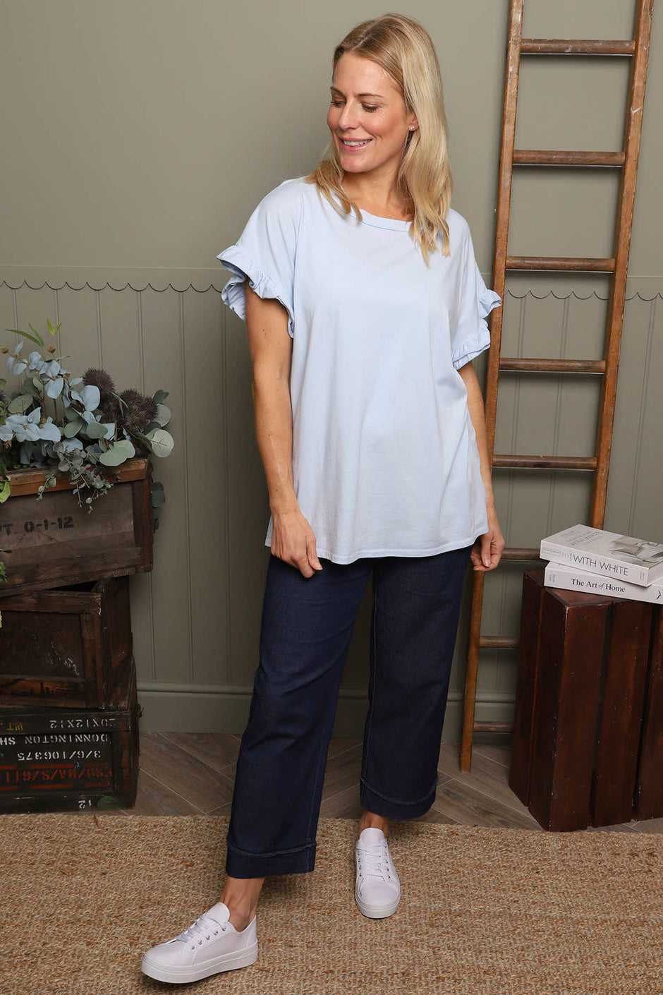 Summerleaze Frill Sleeve Cotton Top Light Blue