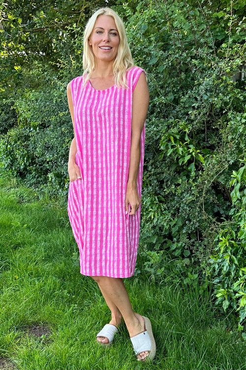 Chloe Sleeveless Stripe Cotton Dress Fuchsia