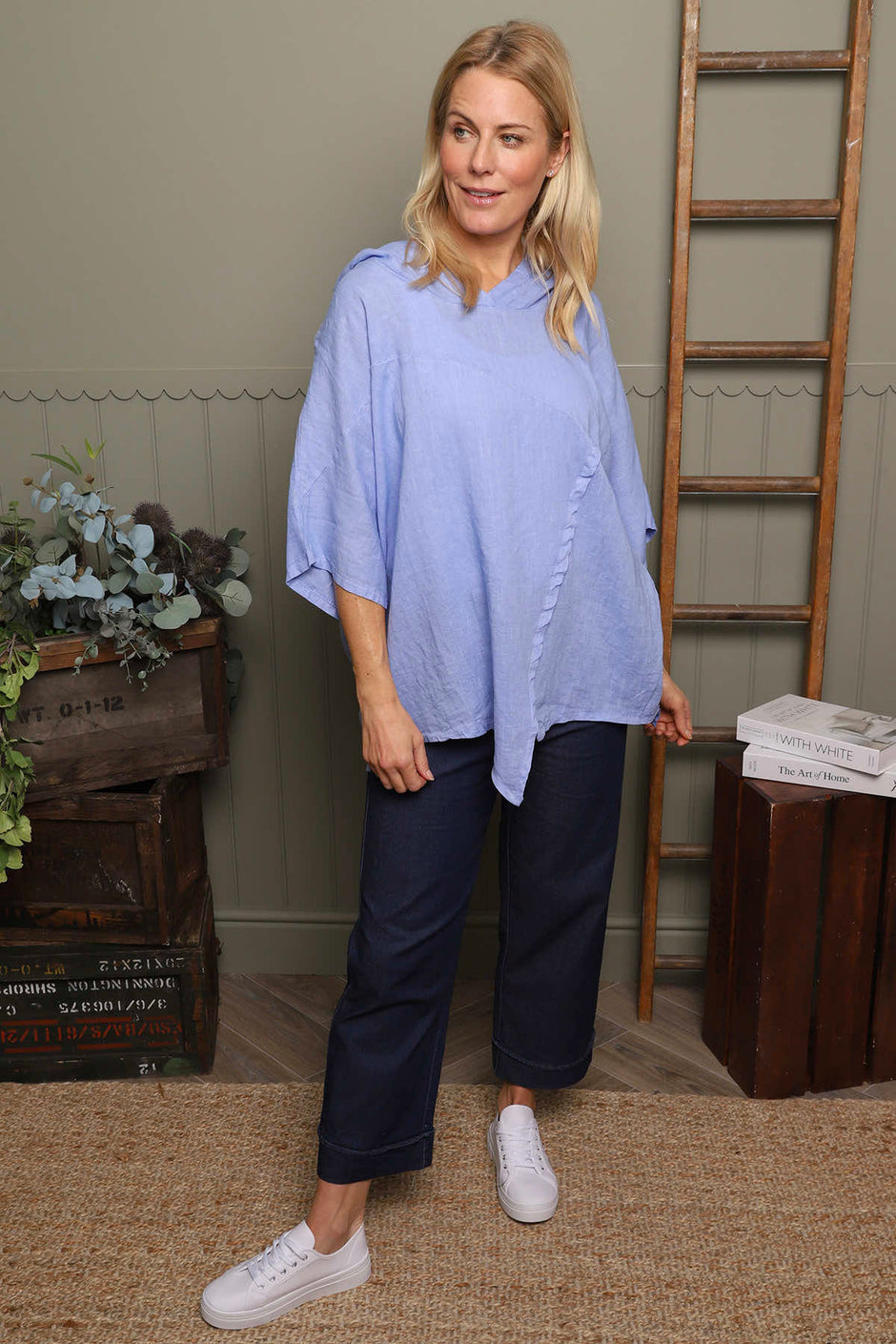 Annalee Hooded Linen Top Powder Blue