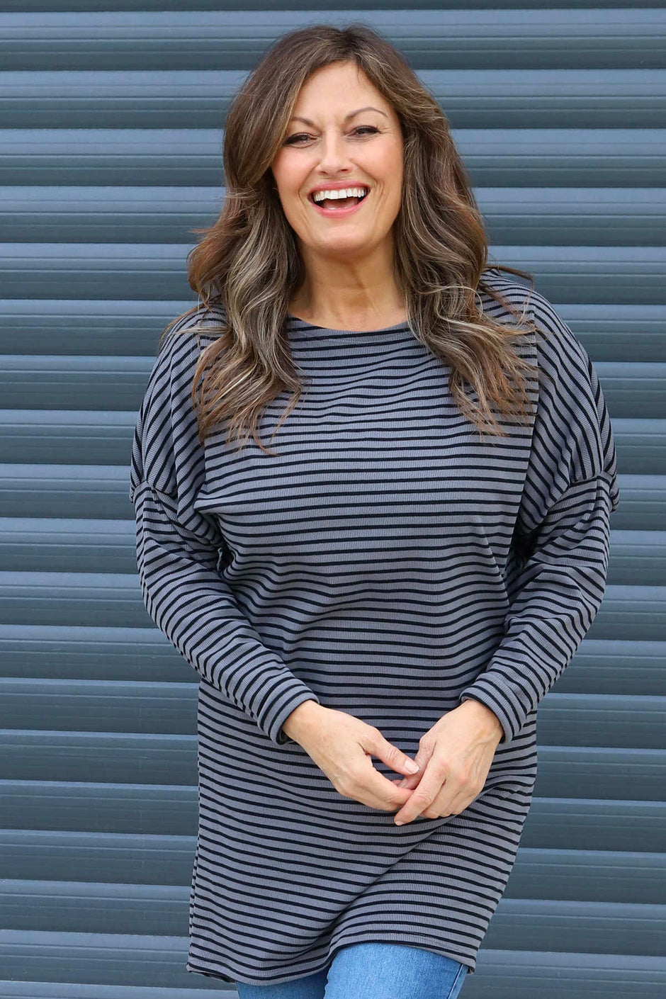 Nessie Stripe Cord Top Mid Grey