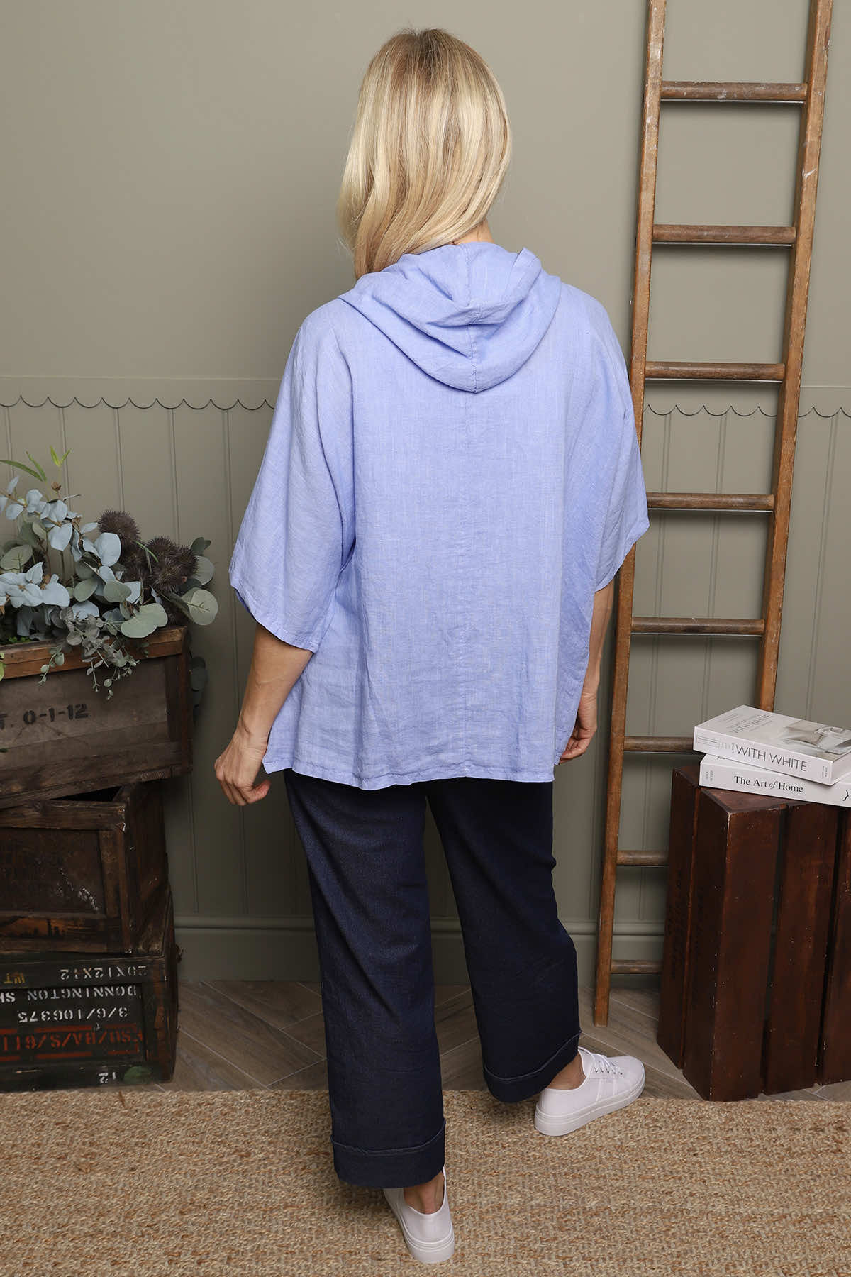 Annalee Hooded Linen Top Powder Blue