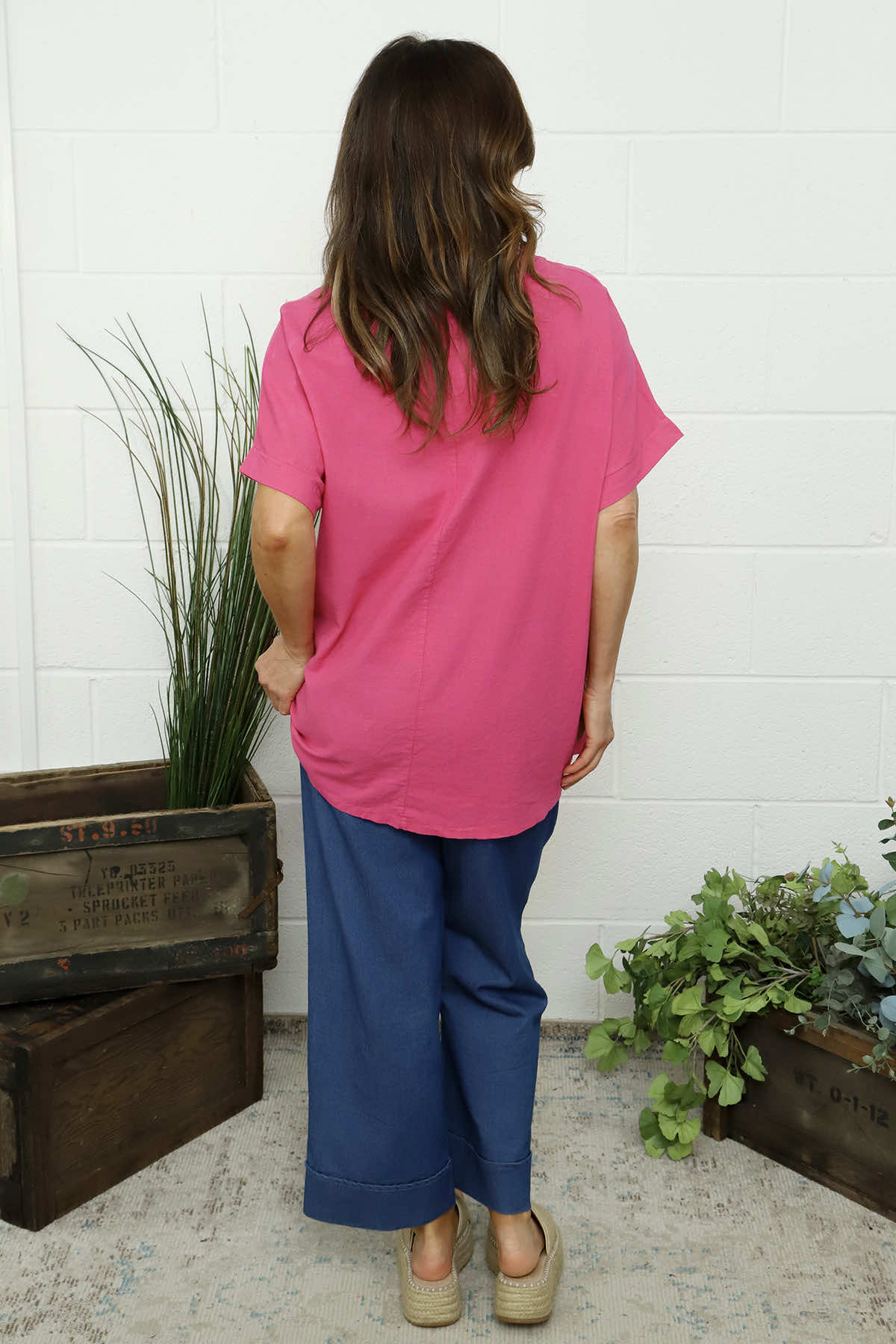 Maxine Flower Patch Linen Top Fuchsia