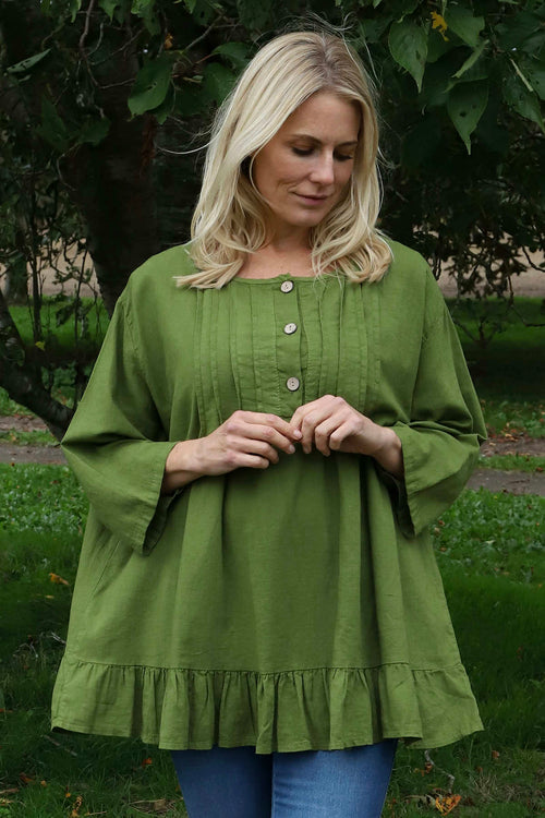 Dawsmere Button Linen Top Olive - Image 2