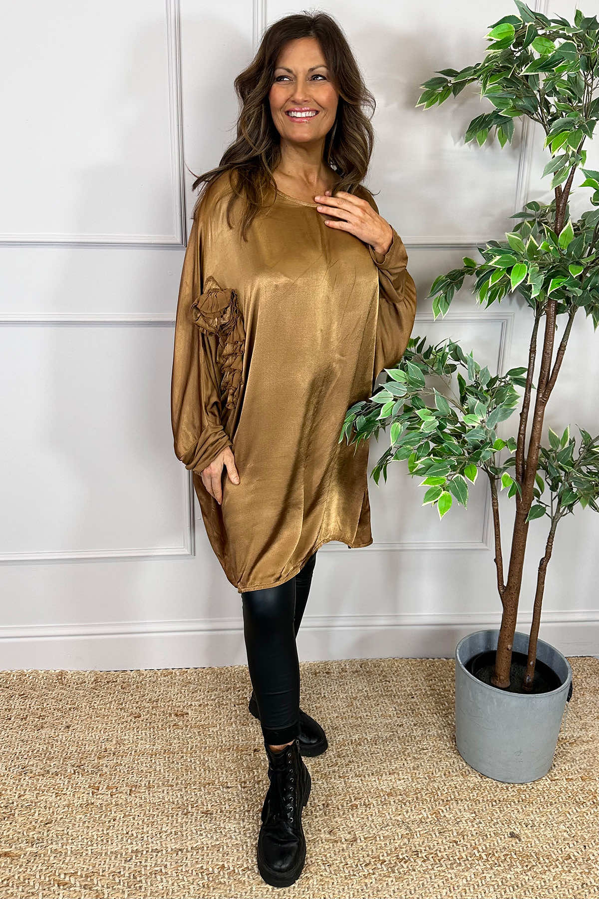 Julie Floral Satin Tunic Camel