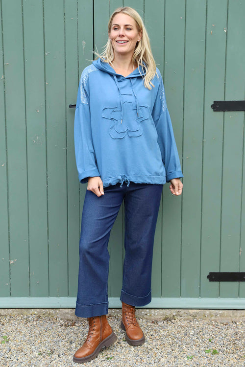 Betsy Flower Patch Hooded Cotton Top Blue - Image 2