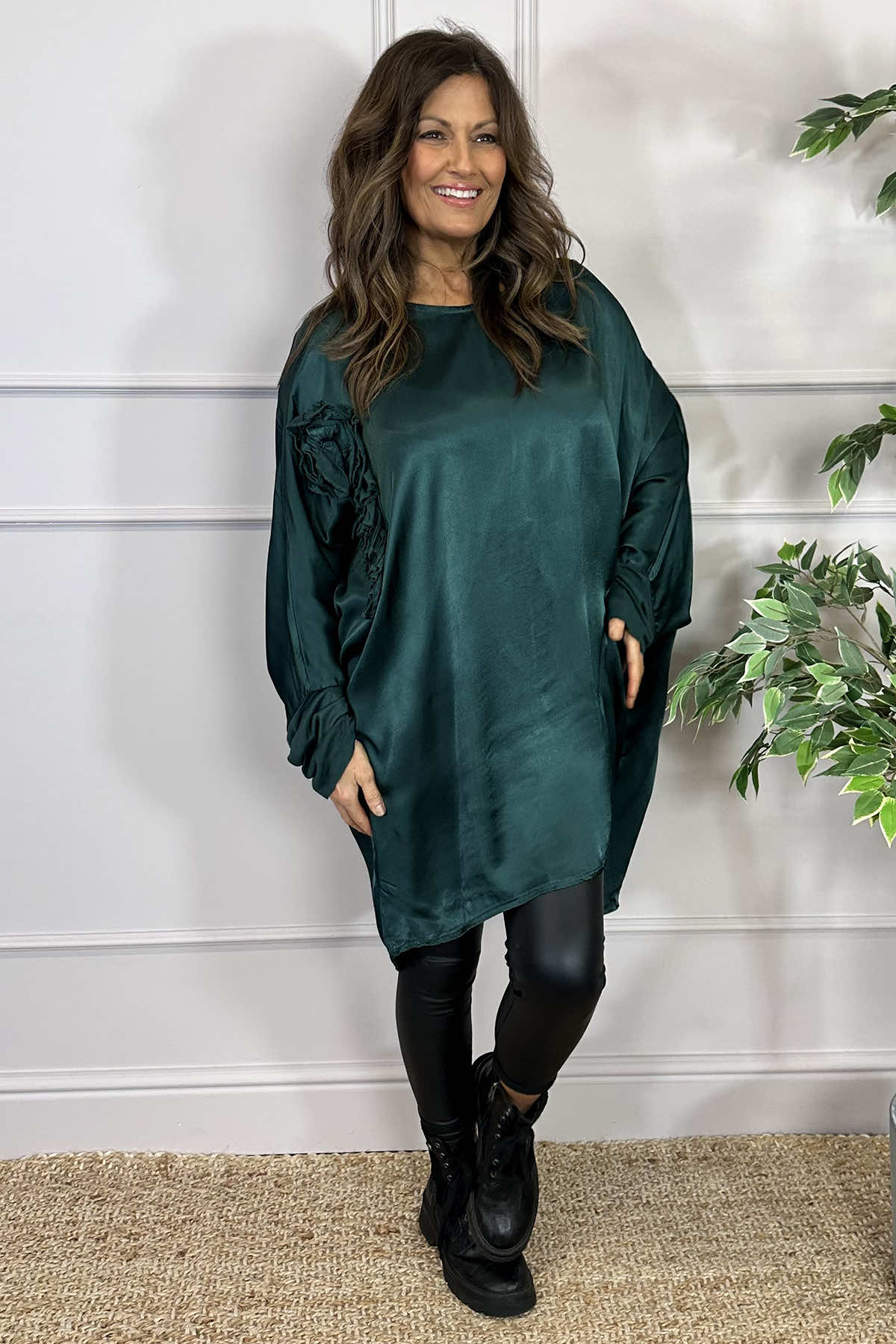 Julie Floral Satin Tunic Bottle Green