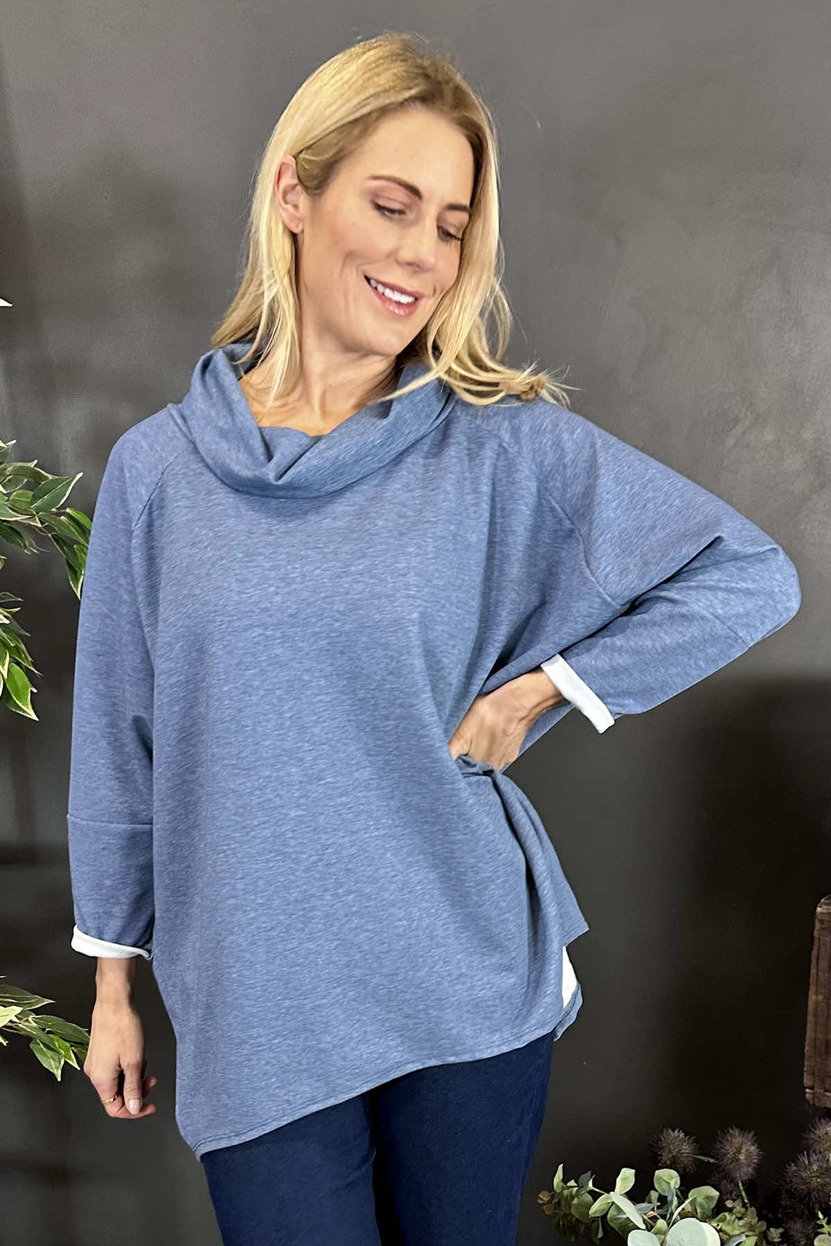 Emmeline Cowl Neck Cotton Top Blue