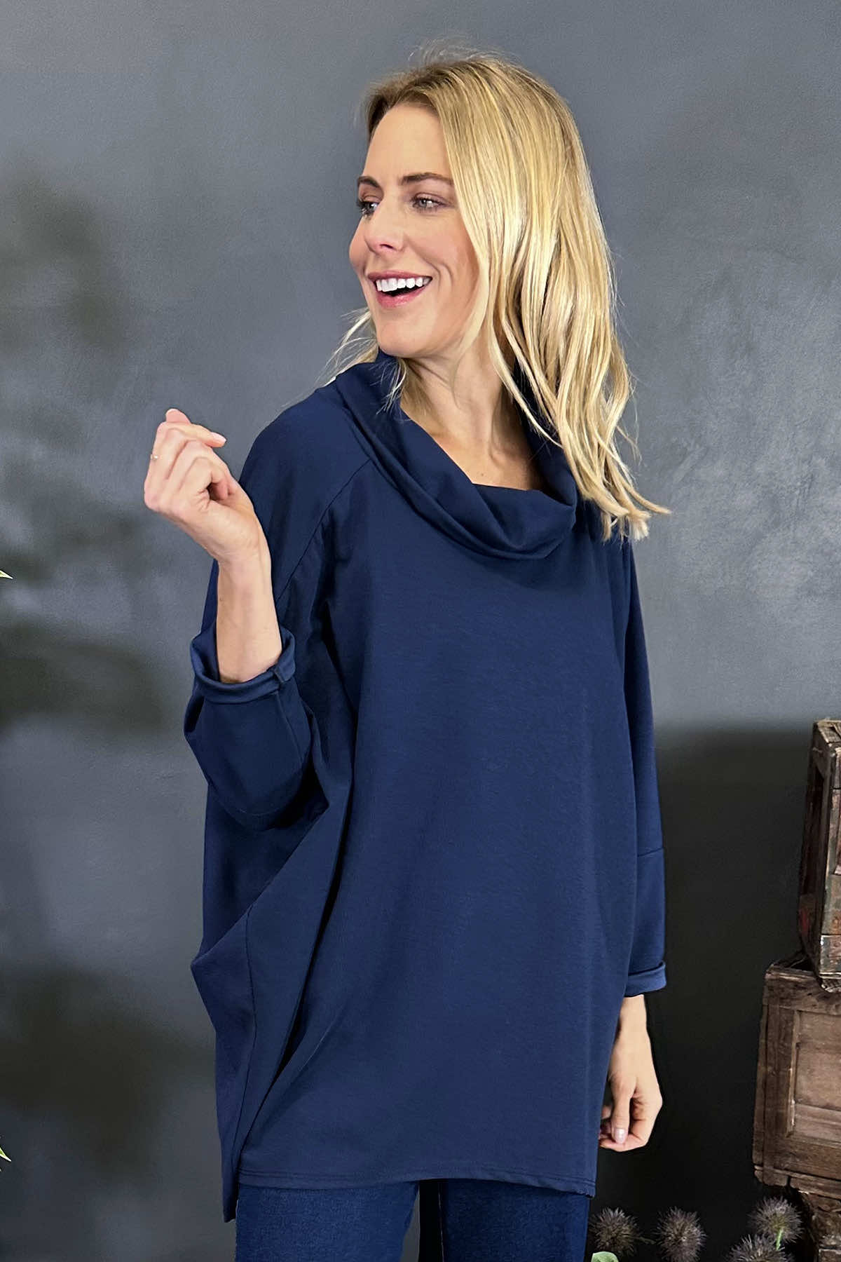 Emmeline Cowl Neck Cotton Top Navy