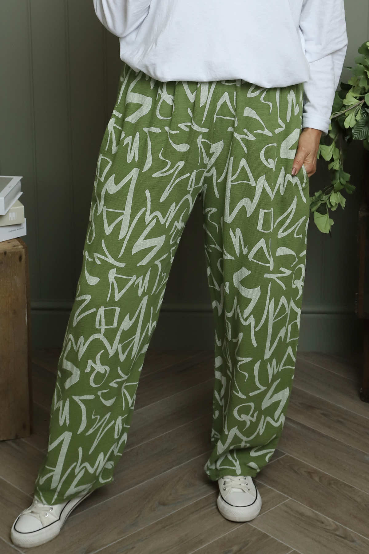 Nina Print Cotton Trousers Olive