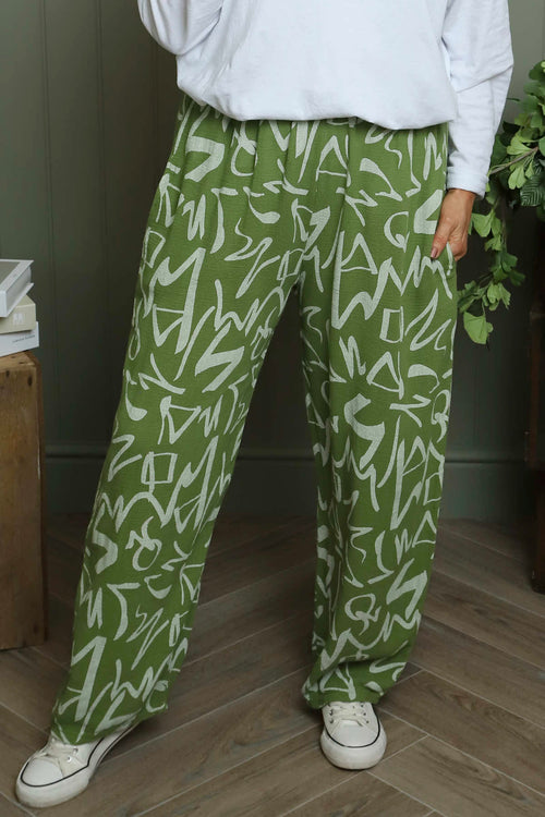Nina Print Cotton Trousers Olive - Image 3