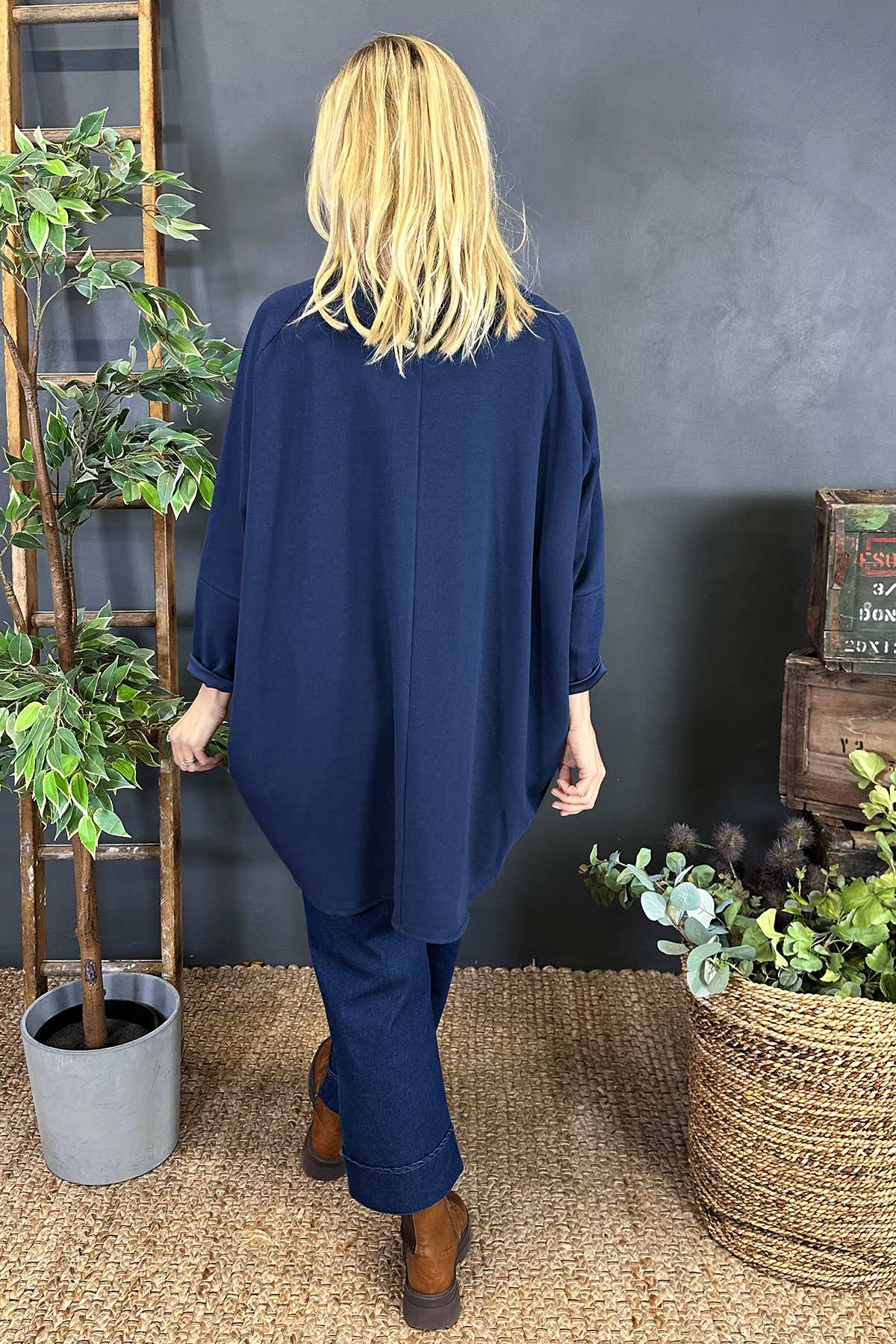 Emmeline Cowl Neck Cotton Top Navy