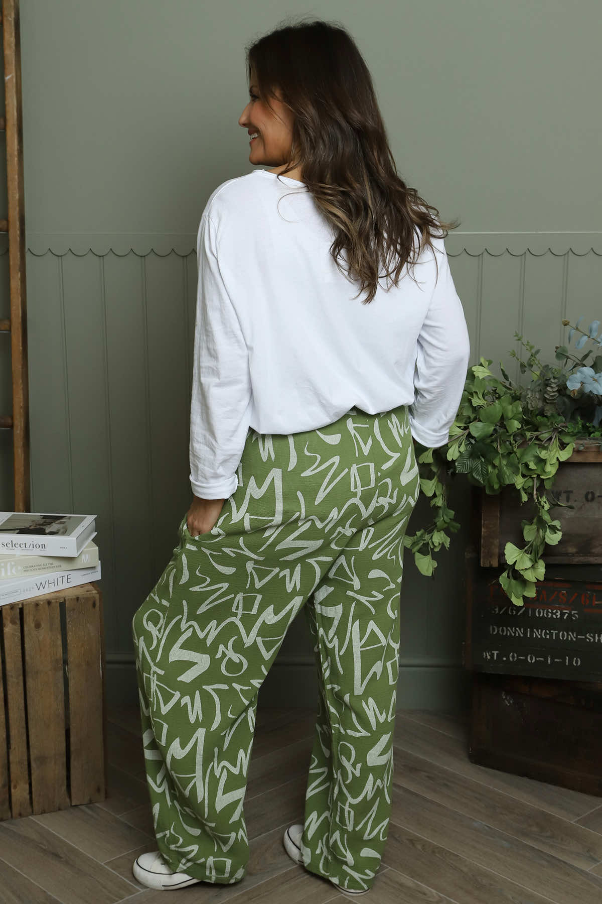 Nina Print Cotton Trousers Olive