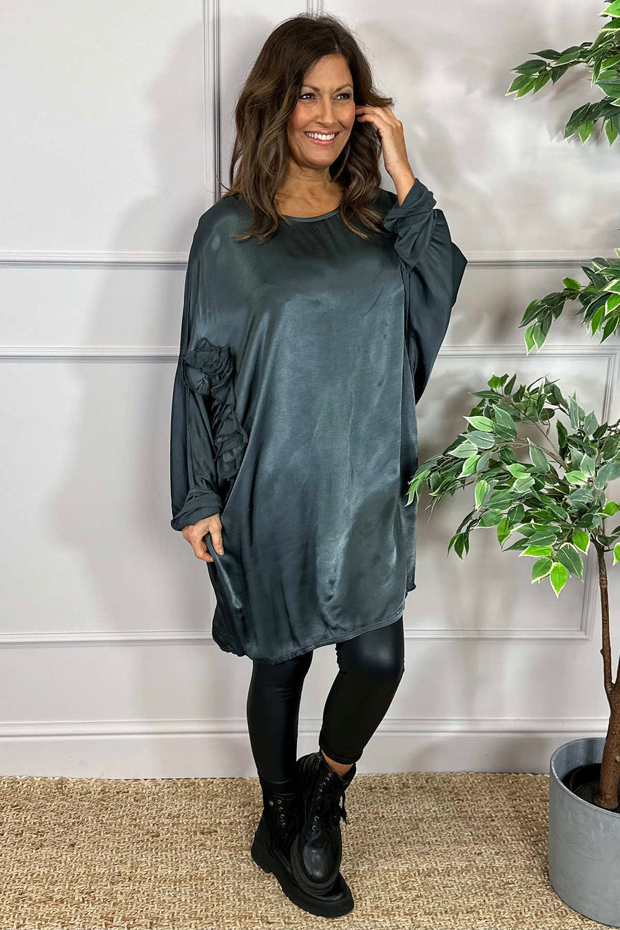 Julie Floral Satin Tunic Charcoal