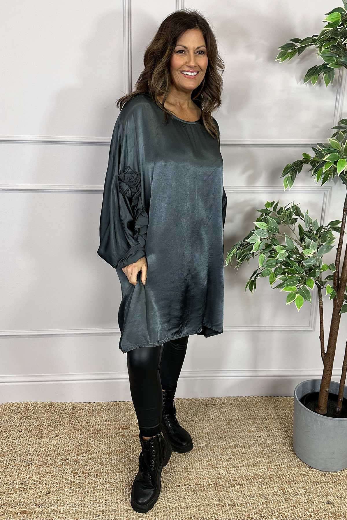 Julie Floral Satin Tunic Charcoal