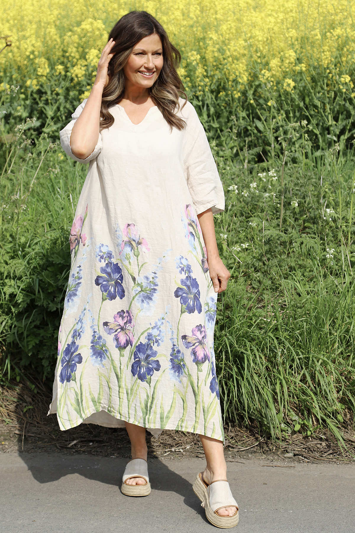 Lyla Floral Linen Dress Stone