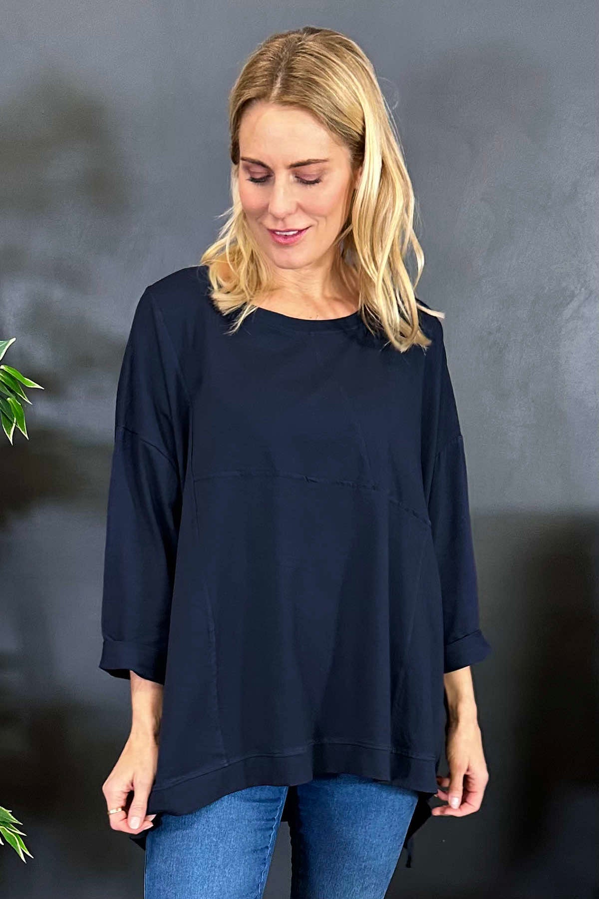 Hayden Dipped Hem Cotton Top Navy