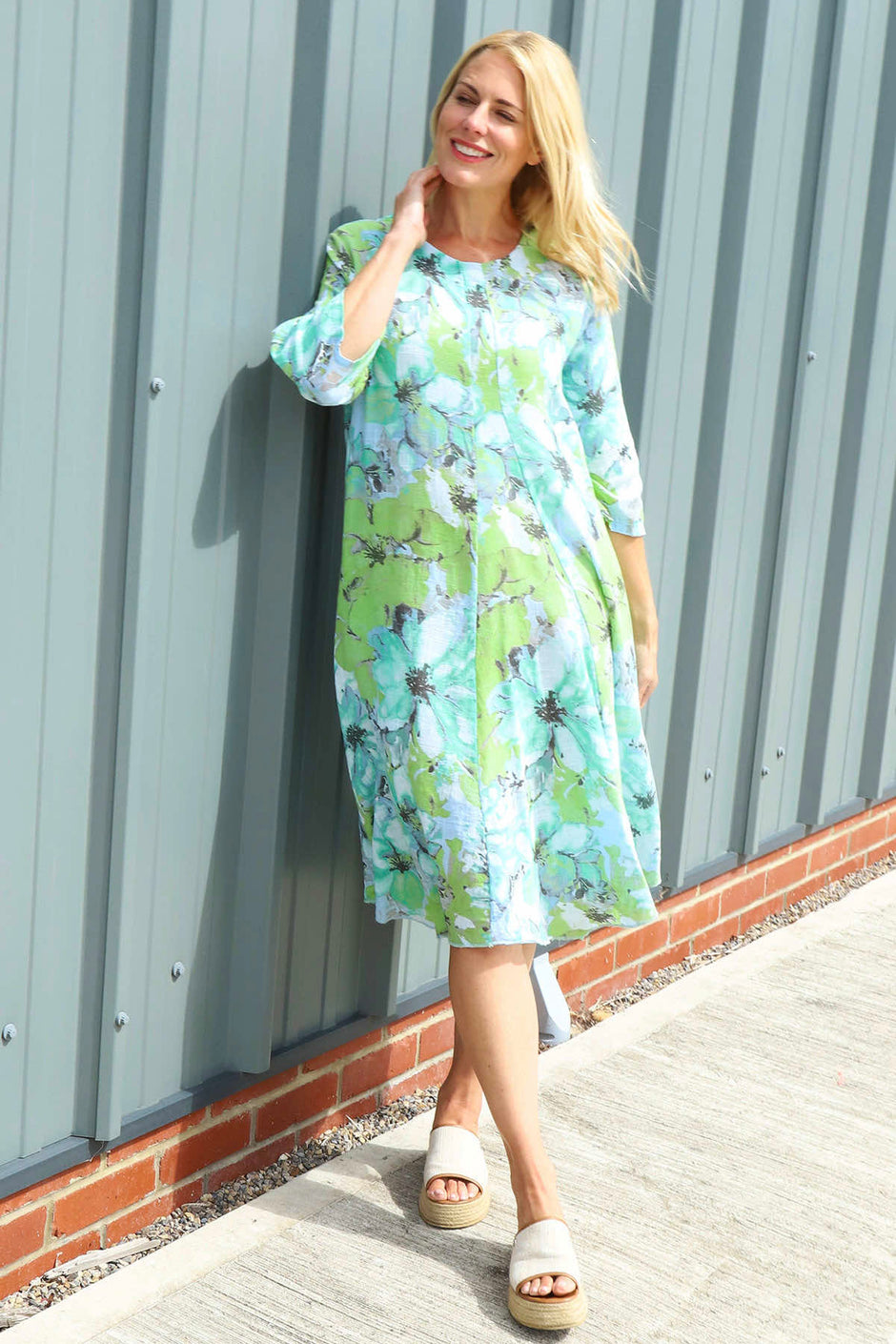 Eleni Print Linen Dress Light Blue