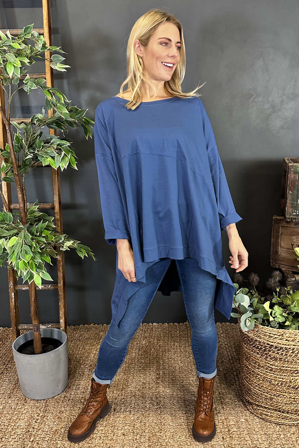 Hayden Dipped Hem Cotton Top Blue