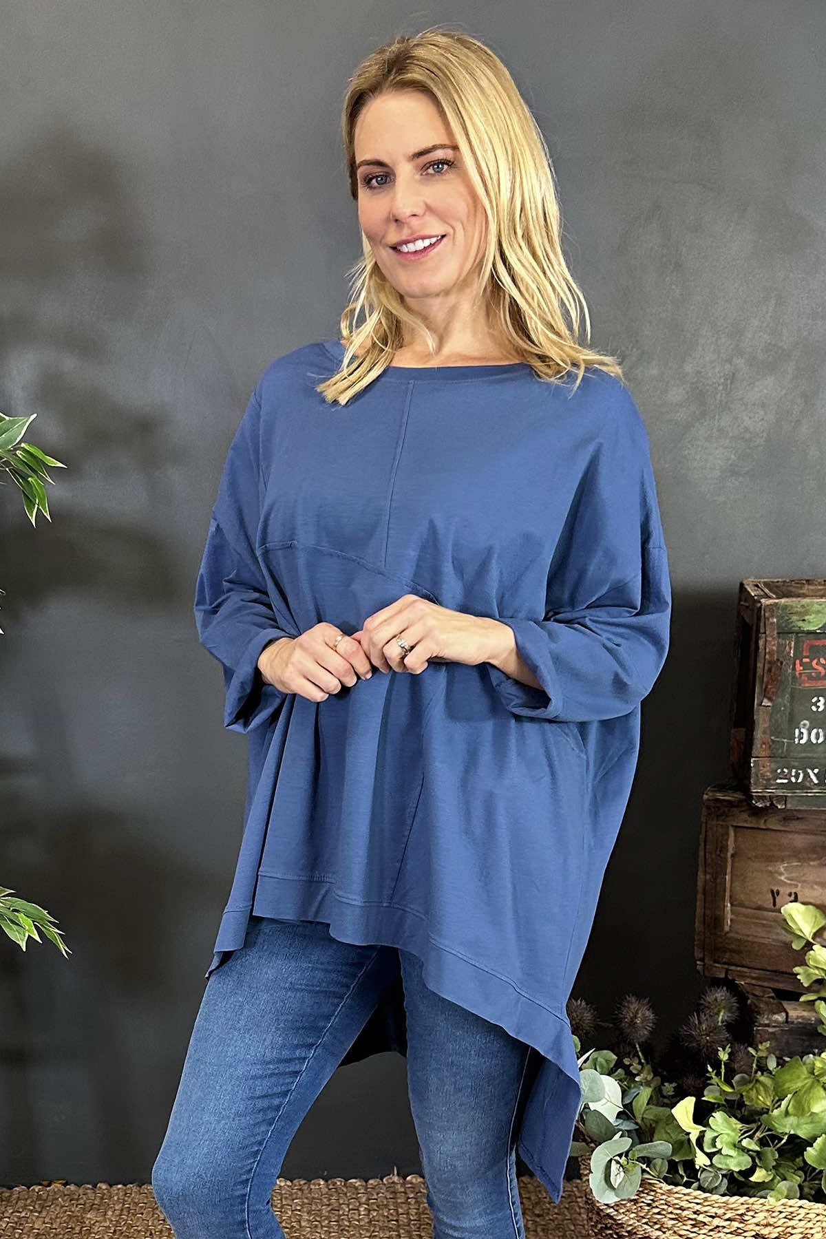 Hayden Dipped Hem Cotton Top Blue