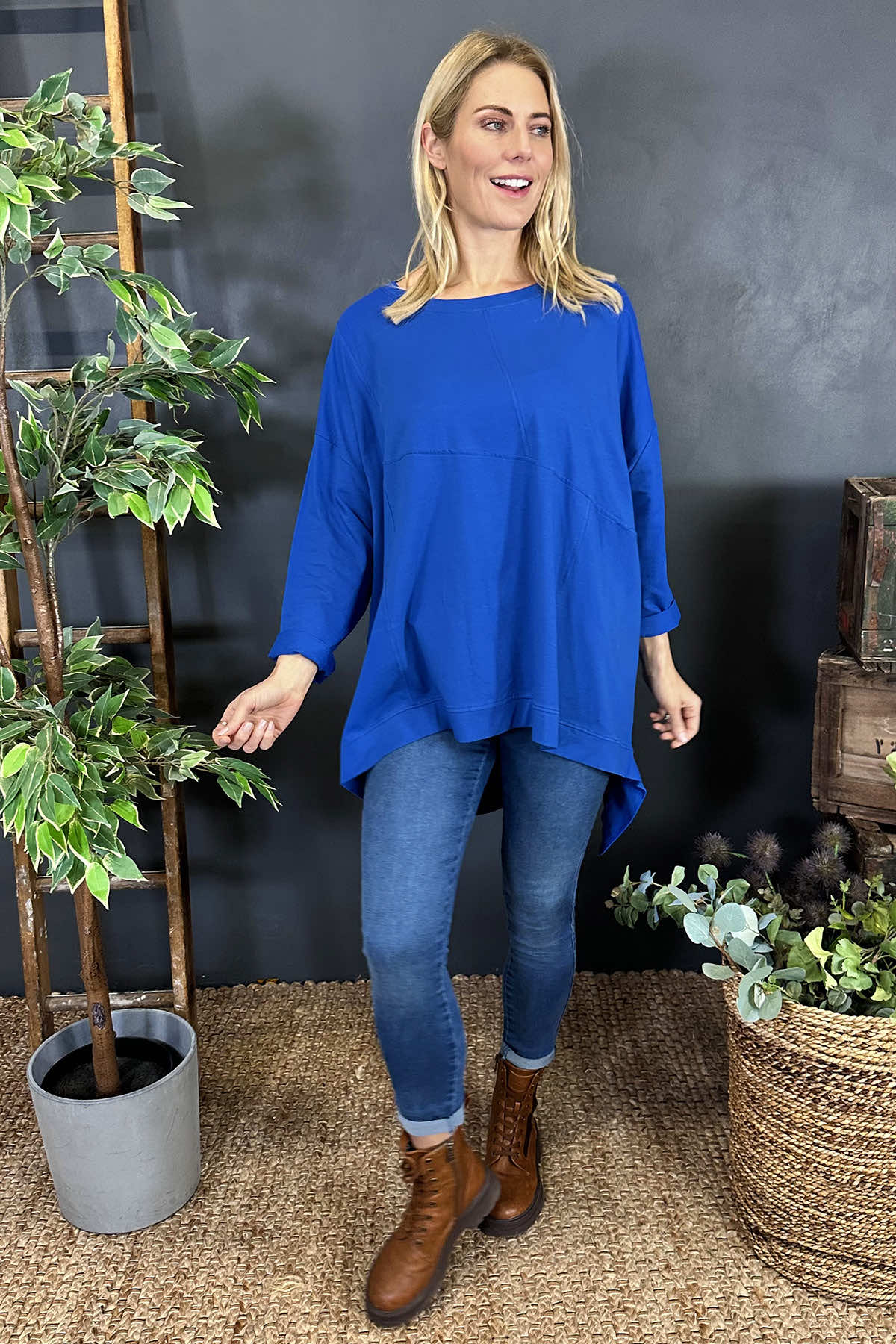 Hayden Dipped Hem Cotton Top Cobalt