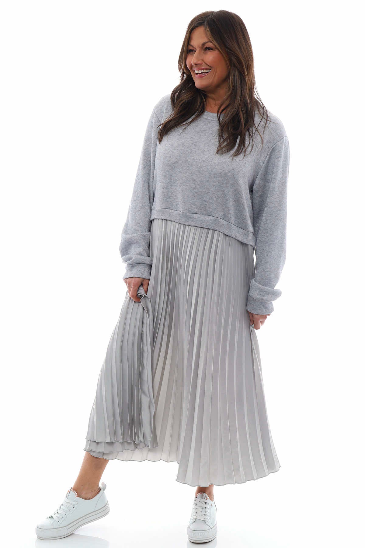 Kinzle Pleated Jumper Dress Grey