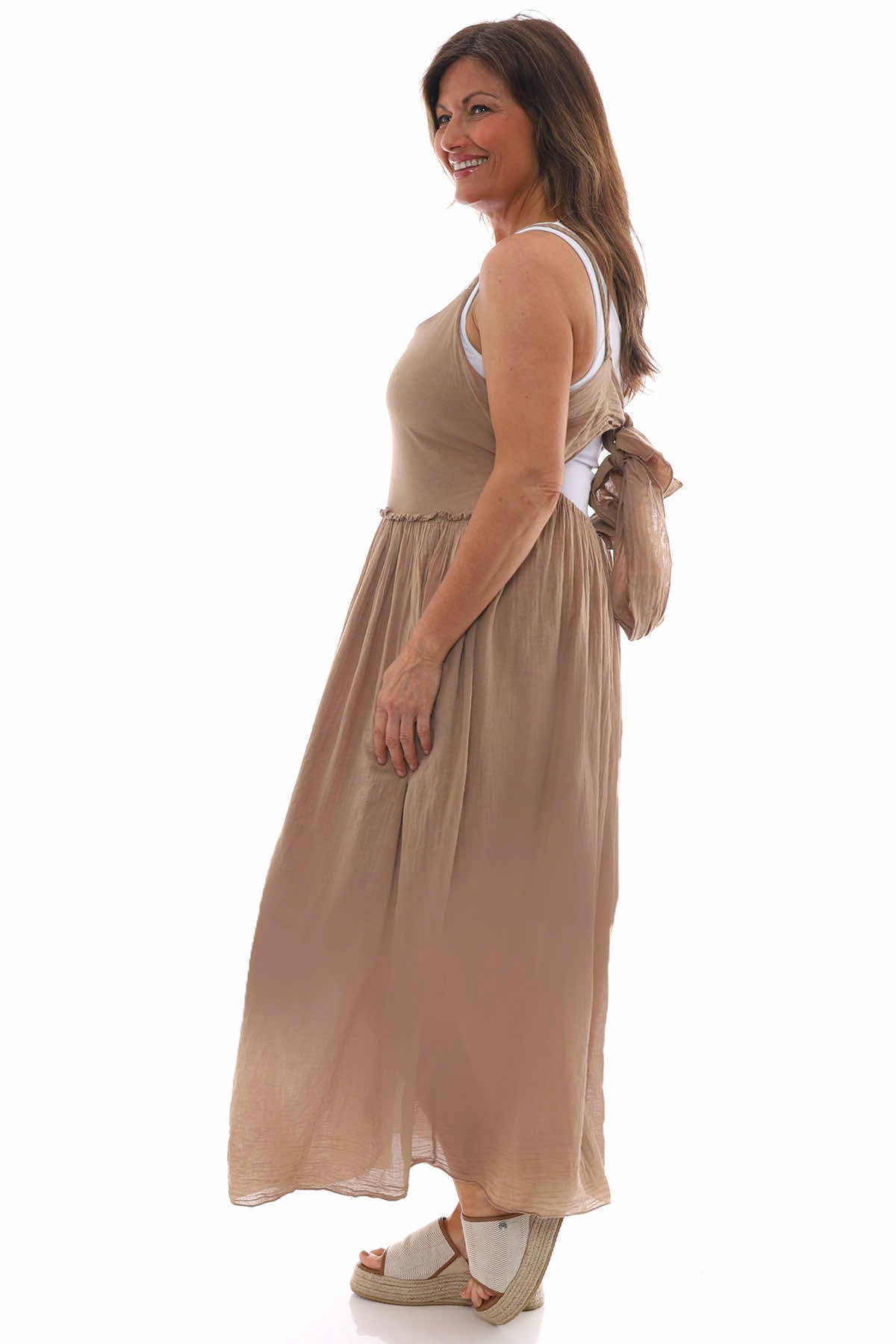 Julia Bow Back Cotton Dress Camel