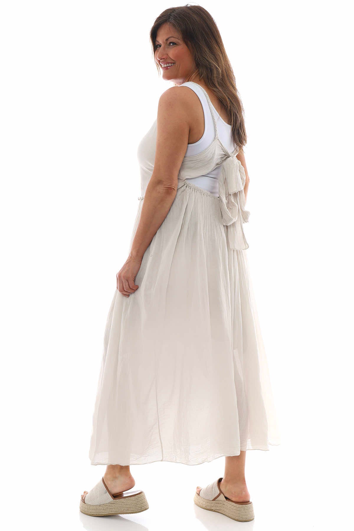 Julia Bow Back Cotton Dress Stone