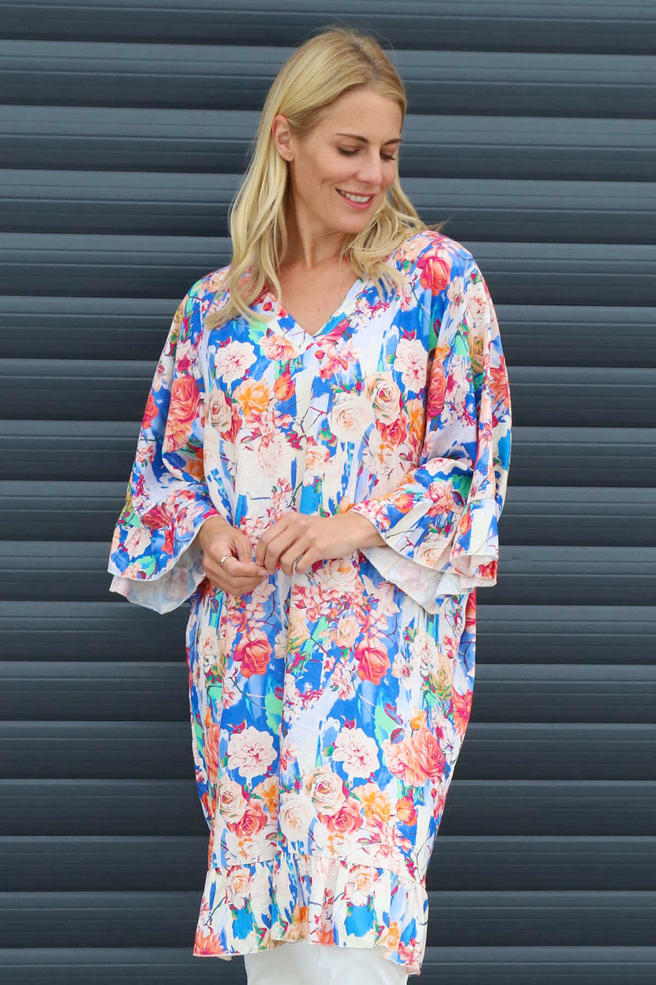 Tahlia Floral Linen Tunic Cobalt