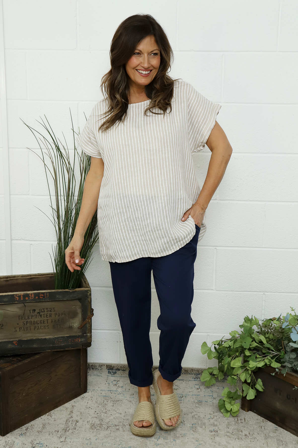Sarai Stripe Linen Top Stone