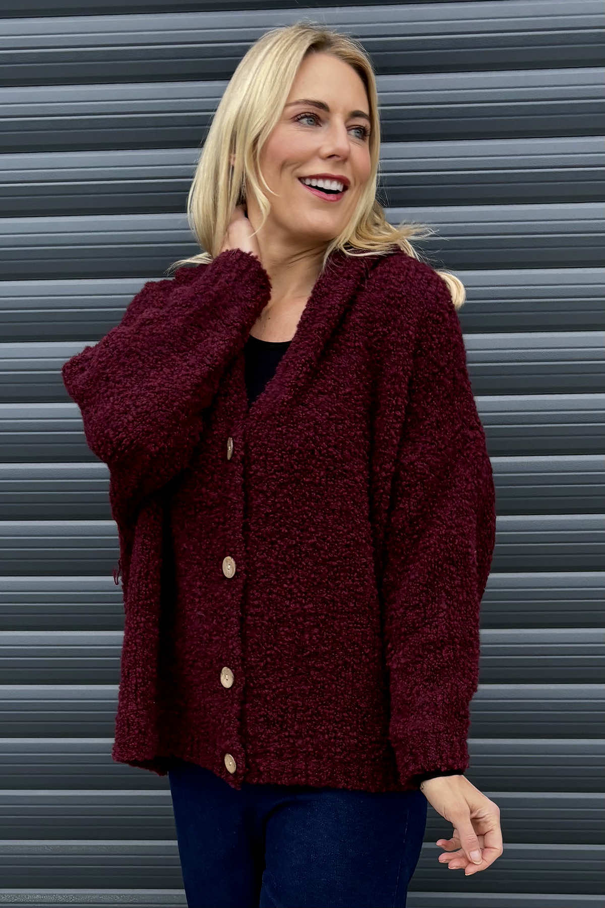 Joelle Hooded Boucle Cardigan Wine