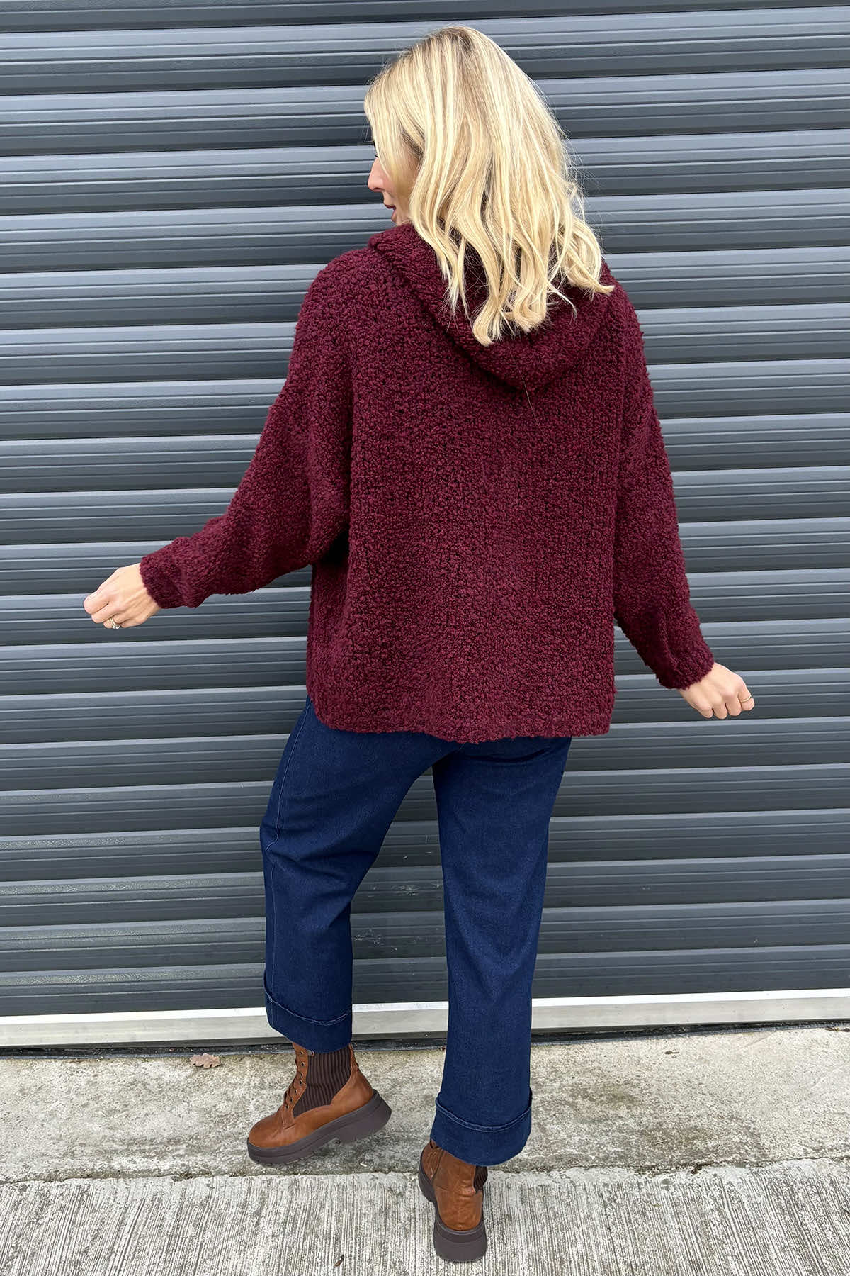 Joelle Hooded Boucle Cardigan Wine