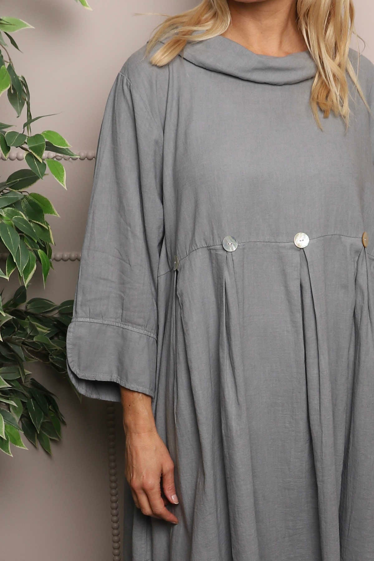 Cromer Button Detail Linen Dress Mid Grey