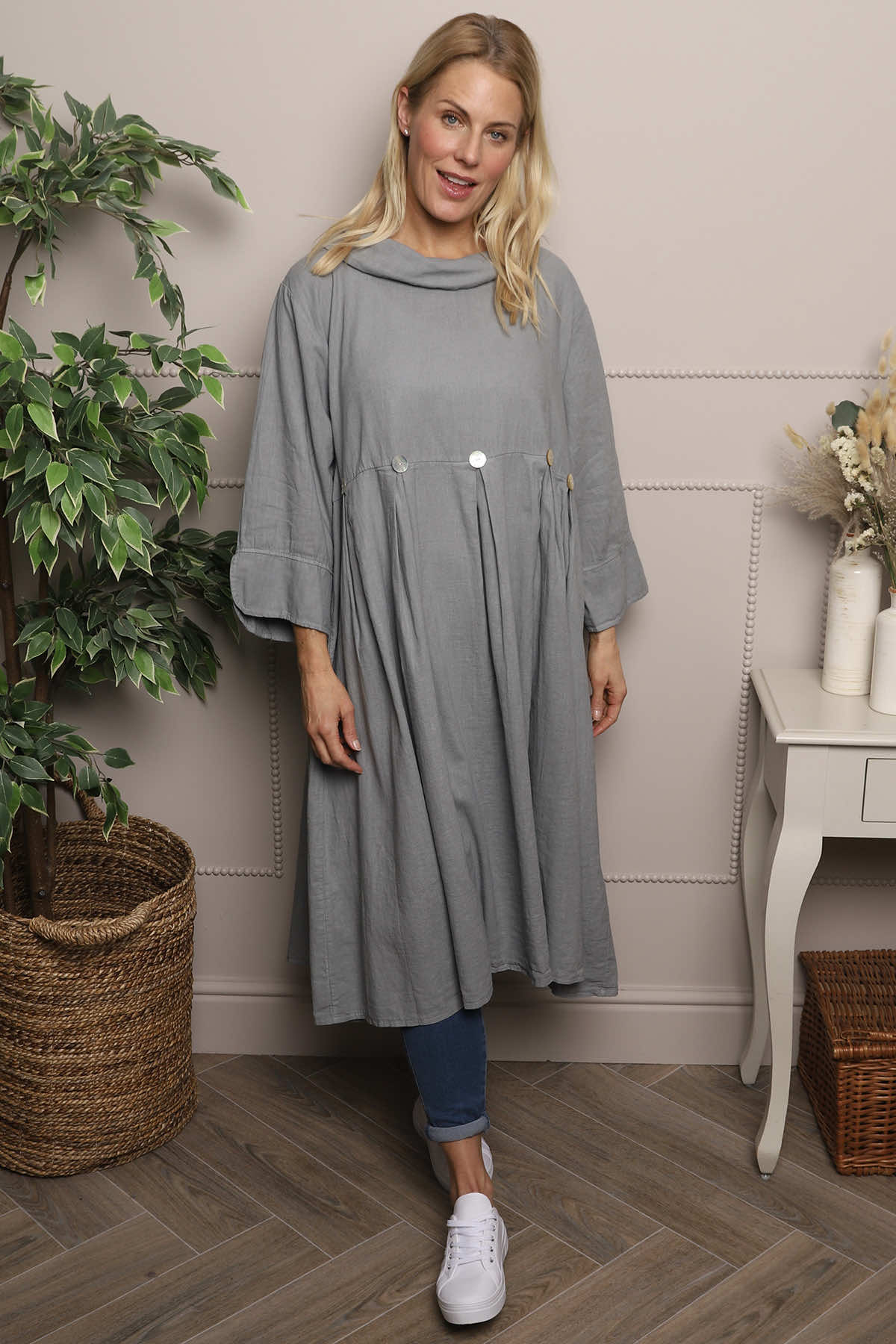 Cromer Button Detail Linen Dress Mid Grey